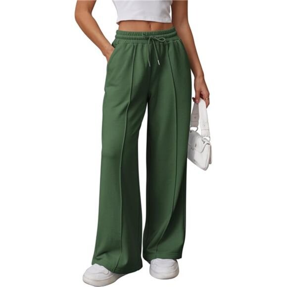 Womens Wide Leg Sweatpants High Waisted Green - Picture 1 of 6